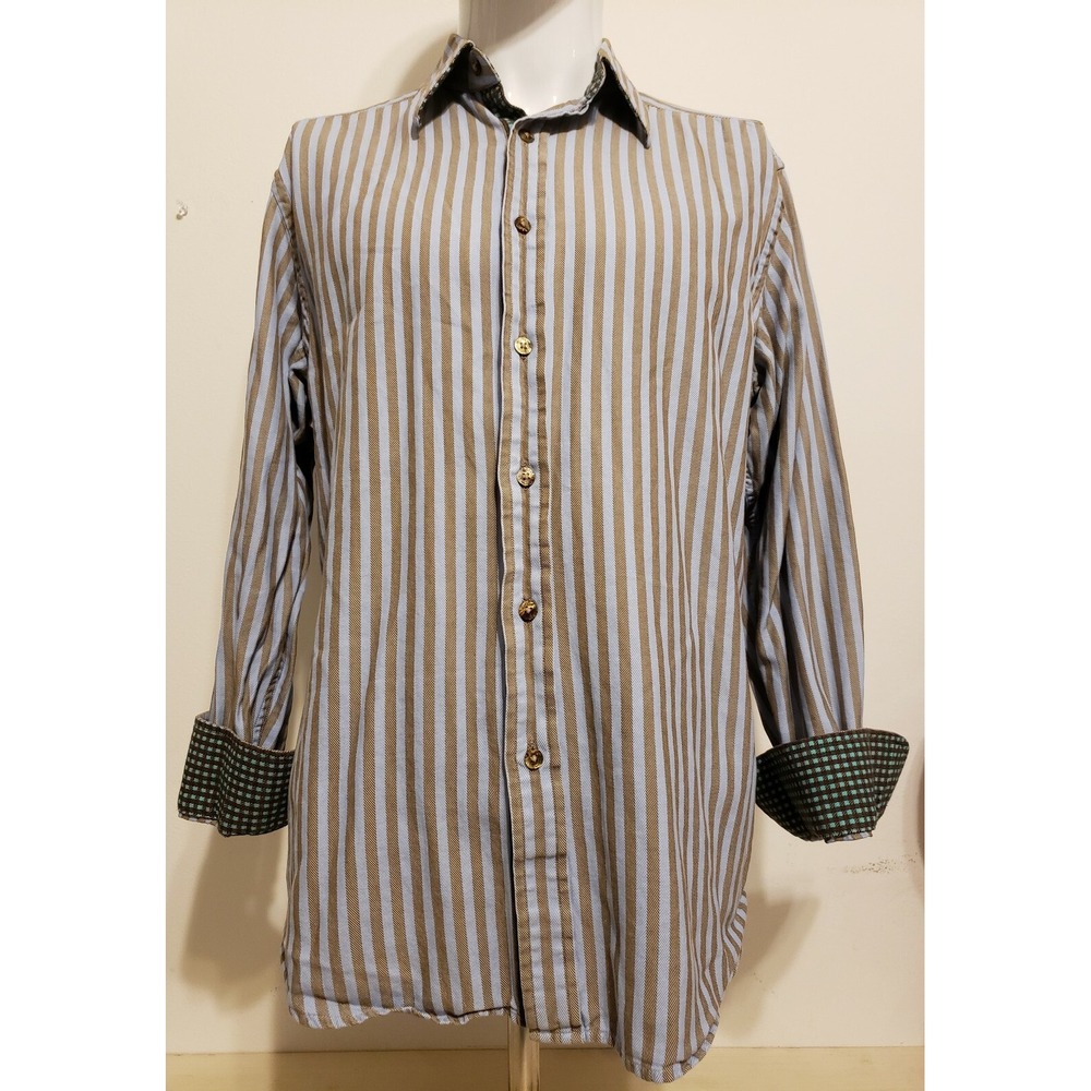 ROBERT GRAHAM Shirt Mens Size Medium Flip Cuff Collar Blue Brown White Stripe